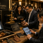 Live hot foil stamping on premium leather notebooks and executive gifts at a corporate leadership event.